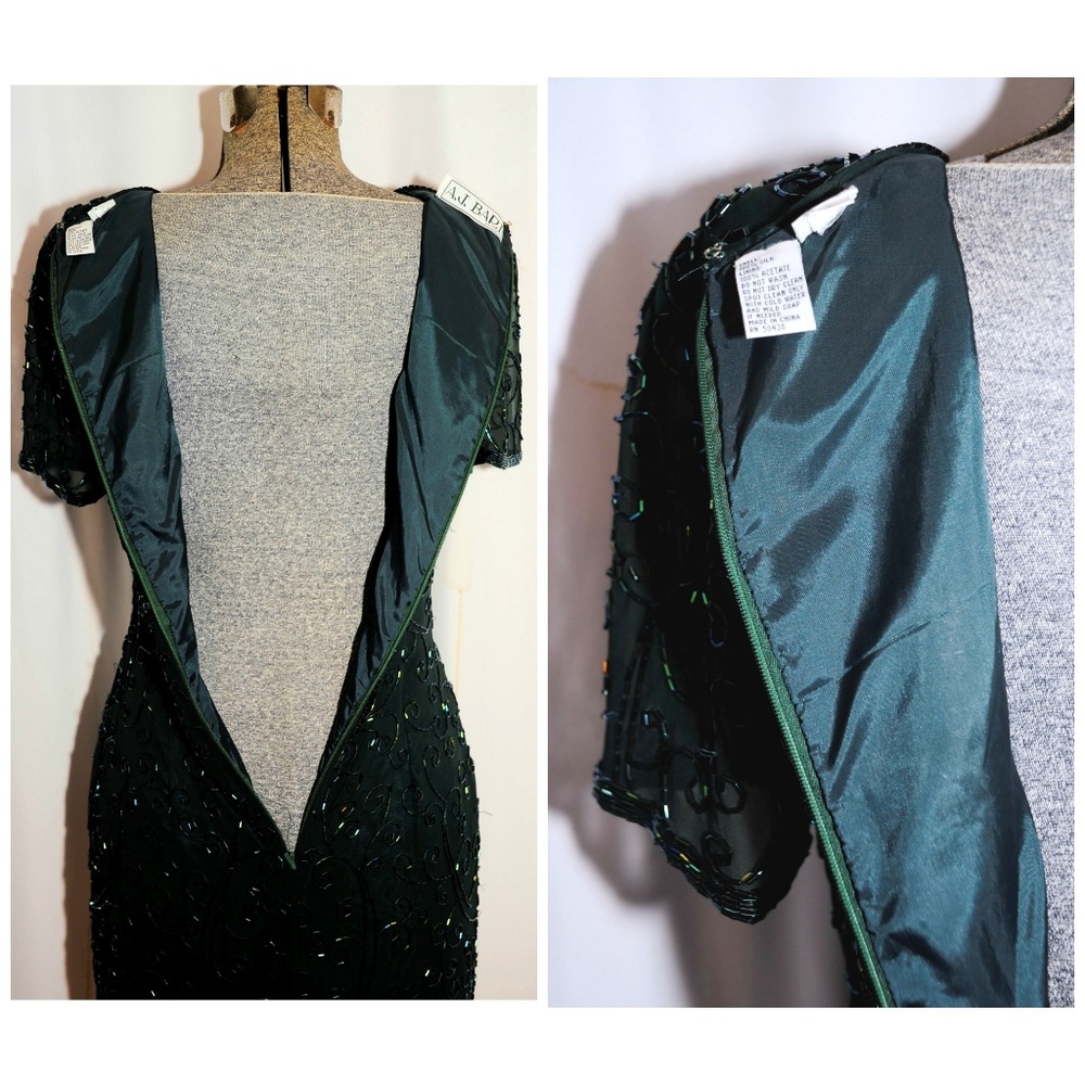 VTG 80s AJ Bari Beaded Dark Green Sheath Dress XS - Picture 6 of 8